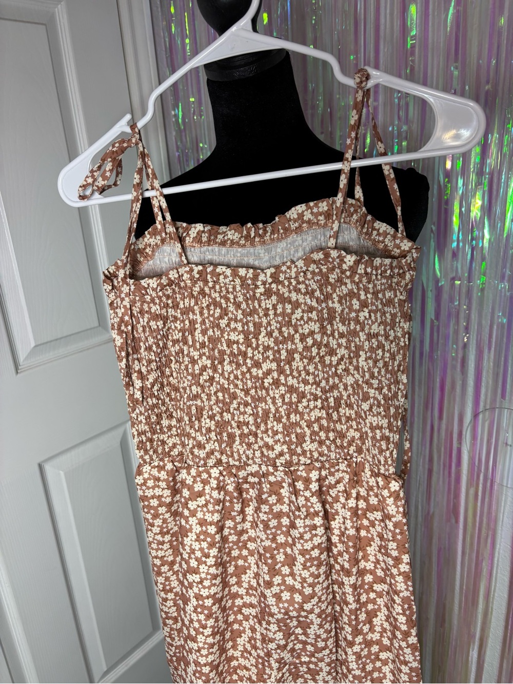 Smocked Bodice Floral Jumpsuit in Khaki/ Orange- Ruffle Wide Leg Adj Thin Straps - Picture 8 of 12